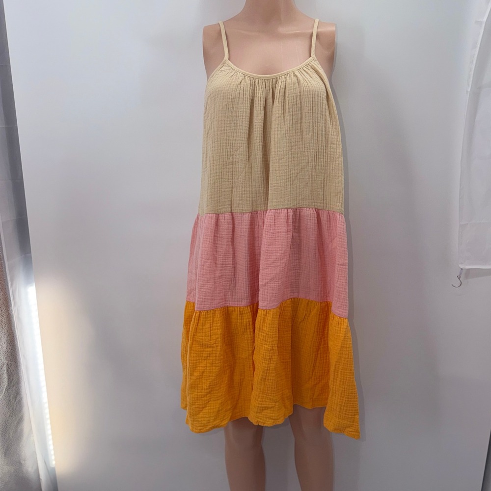 Scoop Large Cotton Gauze‎ Colorblock Tiered Mini Dress Boho Summer Festival